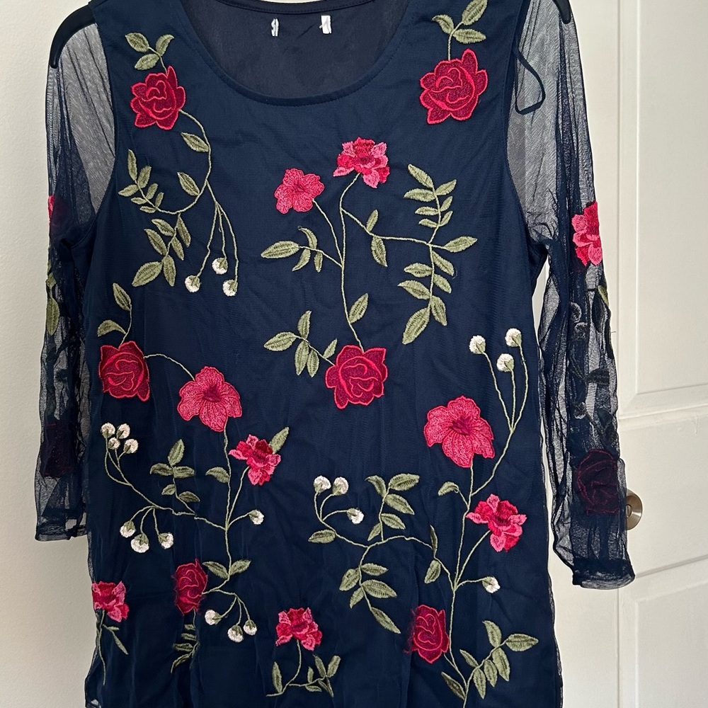 Floral Embroidered Navy Top